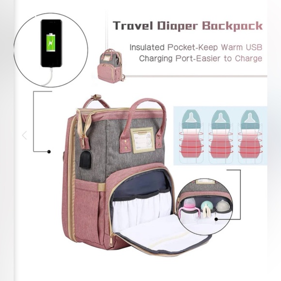 Pink Diaper Bag Backpack USB Charging w/ Changing Pad Baby Travel Bag NWOT - Picture 3 of 13
